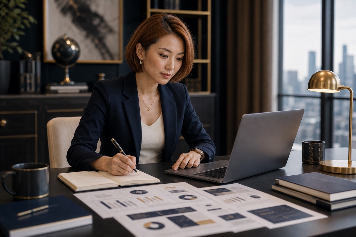 Jeune active est-asiatique clarifiant un cadre de responsabilité Rayflections