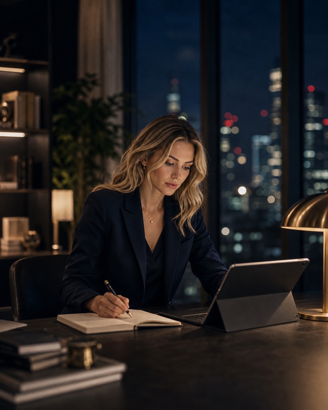 Jeune active blonde construisant un plan de leadership personnel de nuit