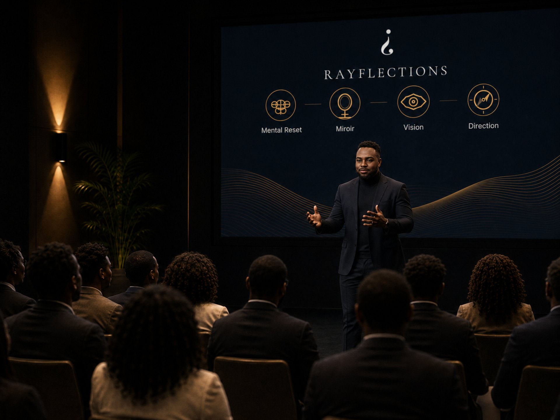 Fondateur africain de Rayflections en conférence premium devant un écran présentant Mental Reset, Miroir, Vision et Direction