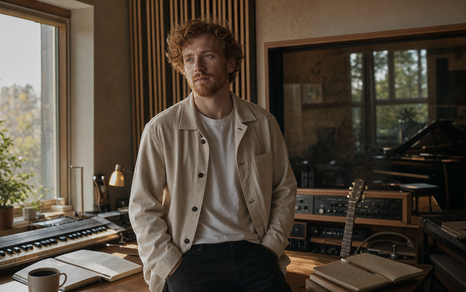 Musicien roux centré dans un studio d'enregistrement premium
