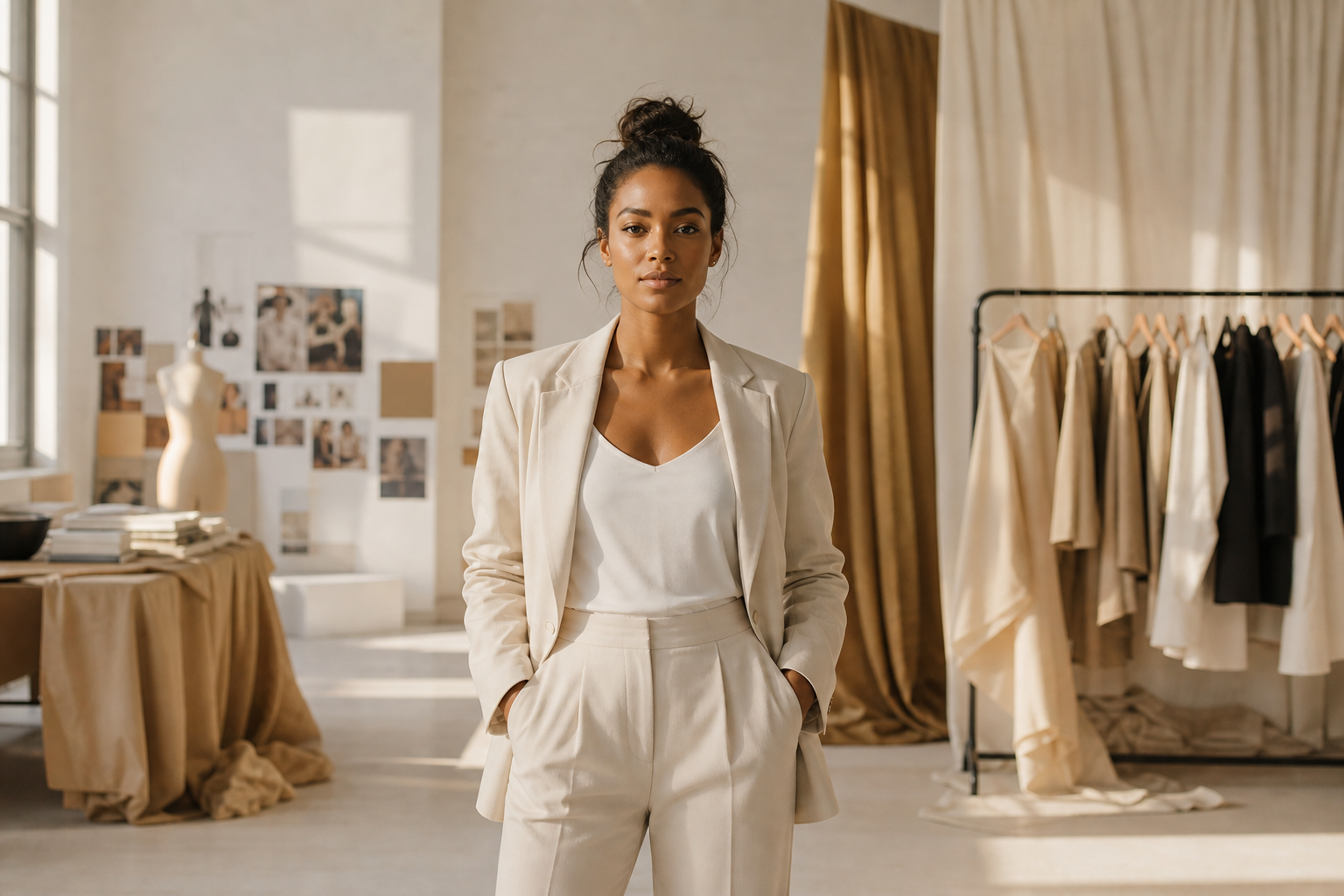 Mannequin et directrice créative centrée dans un studio premium