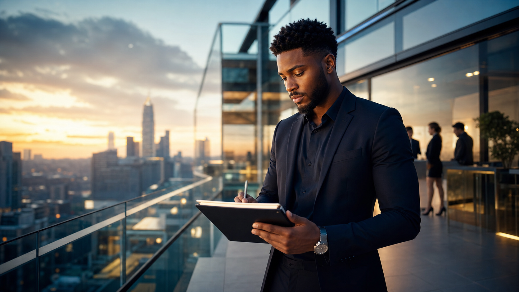 Jeune professionnel africain travaillant sur un projet avec horizon urbain en second plan