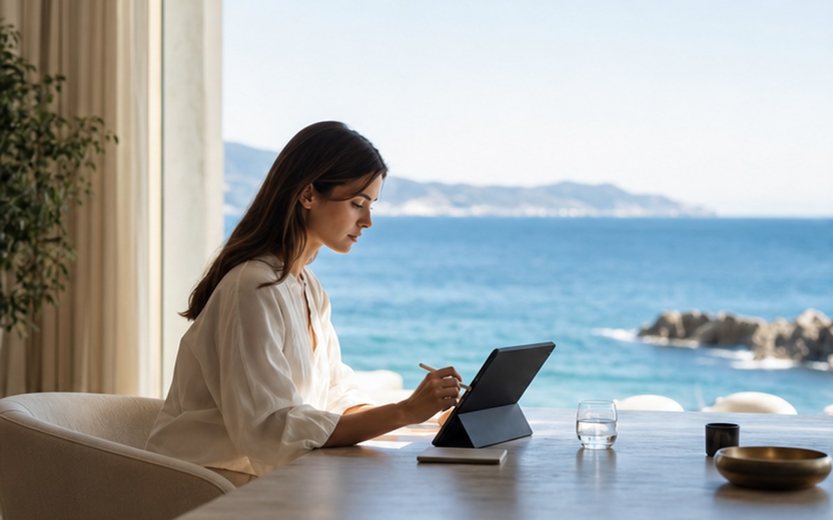 Femme travaillant sur tablette face à l’océan