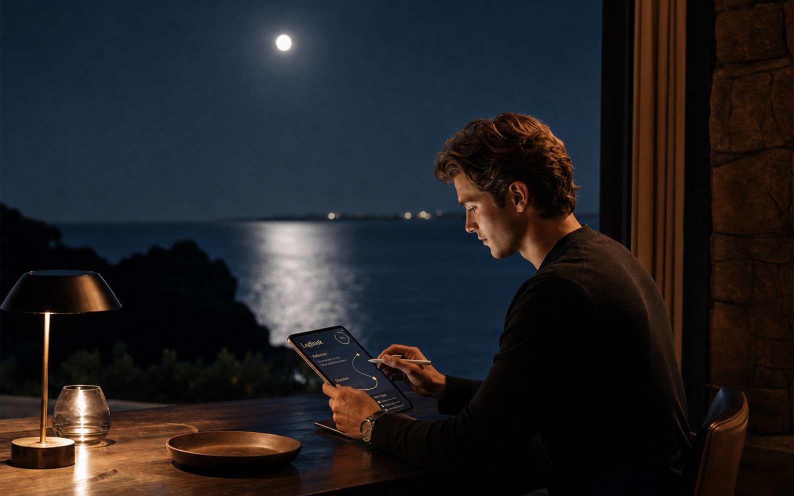 Homme utilisant le Logbook Rayflections sur une tablette face à l’océan de nuit