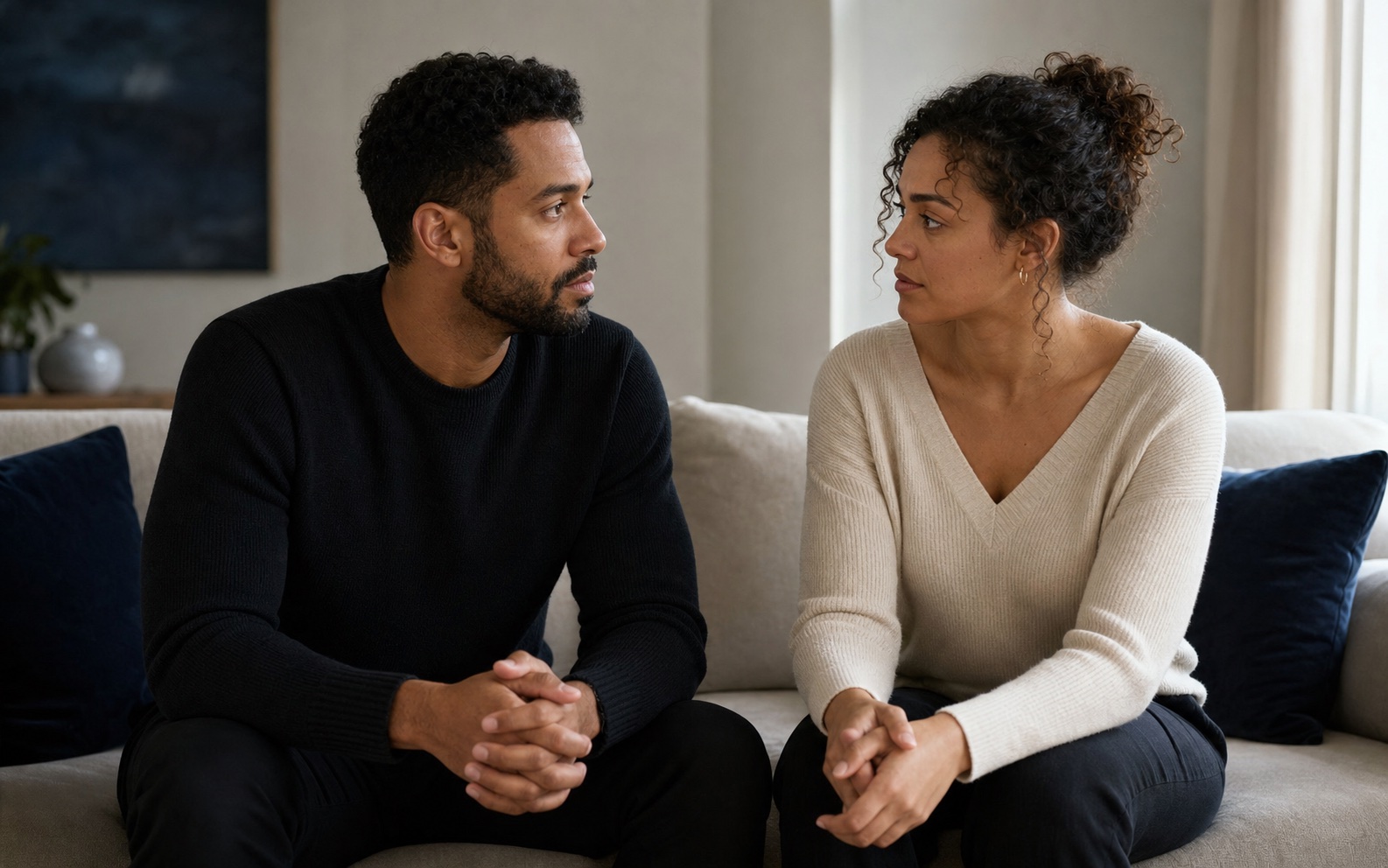 Couple se regardant avec inquiétude dans un intérieur calme