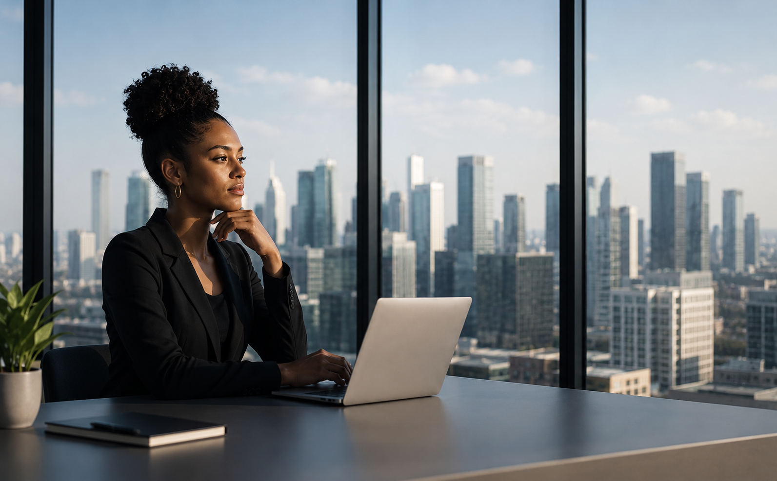 Jeune professionnelle au bureau face à un horizon urbain, incarnant une trajectoire ambitieuse et crédible