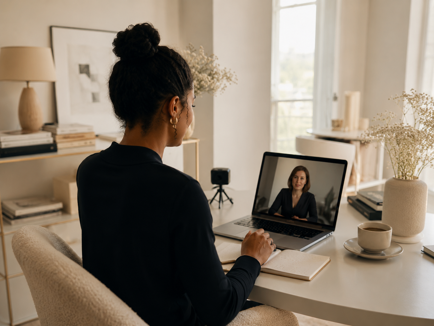 Jeune femme suivant la Masterclass Rayflections en visio depuis chez elle, format digital autonome