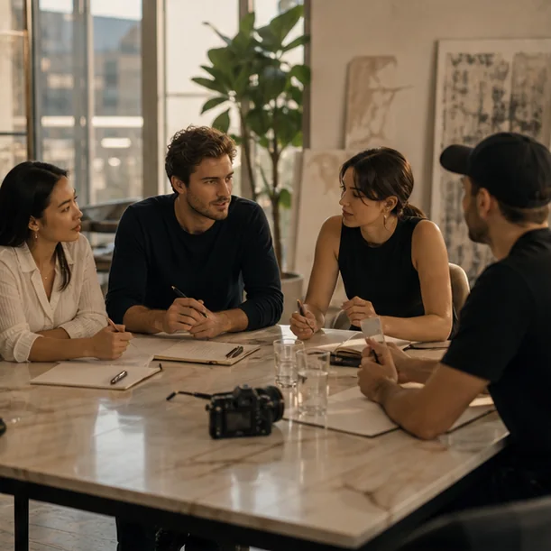 Groupe de jeunes actifs consultant un extrait de livrable Checkpoint