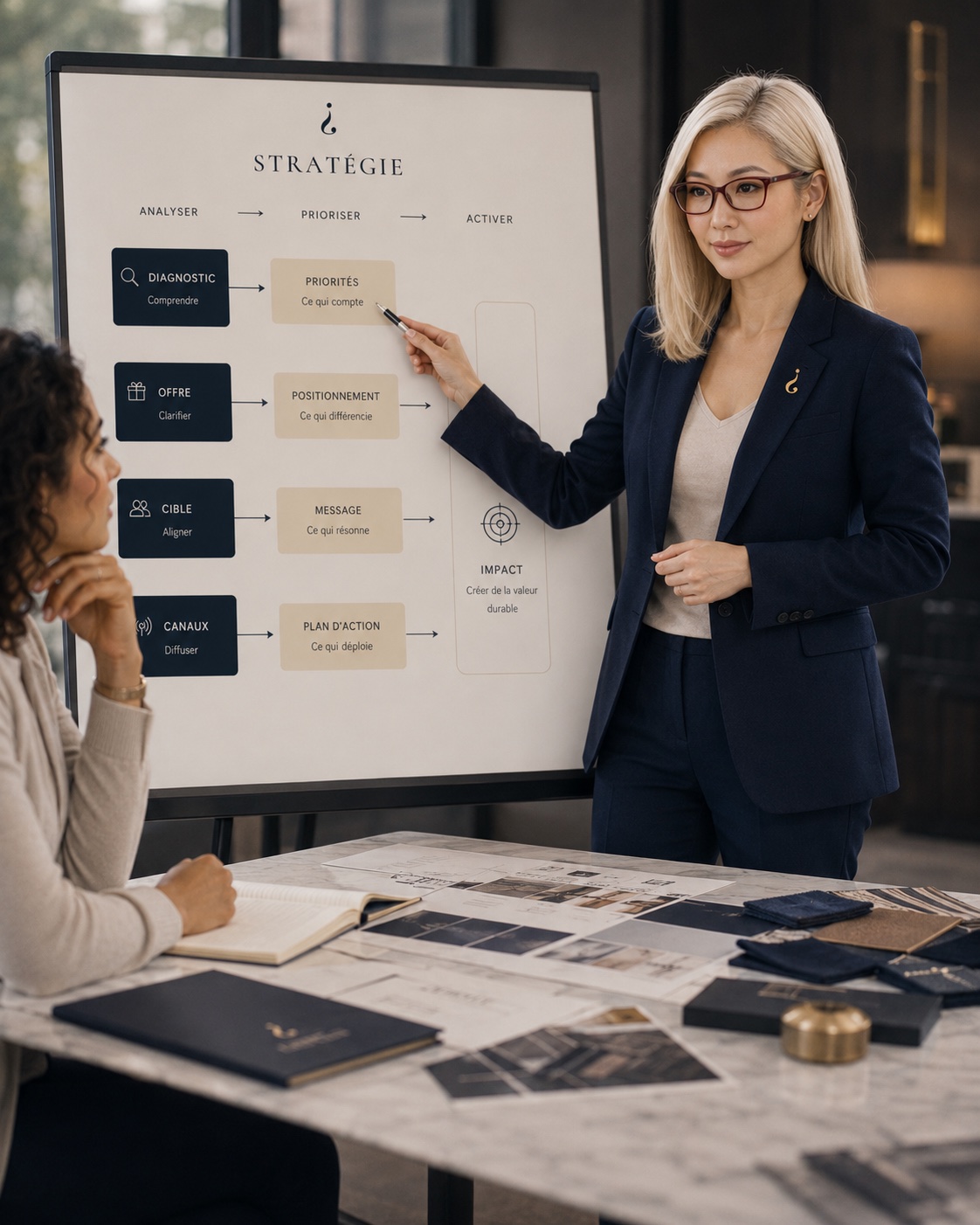 Lisa présente une stratégie Rayflections structurée à une styliste pendant la phase Stratégie