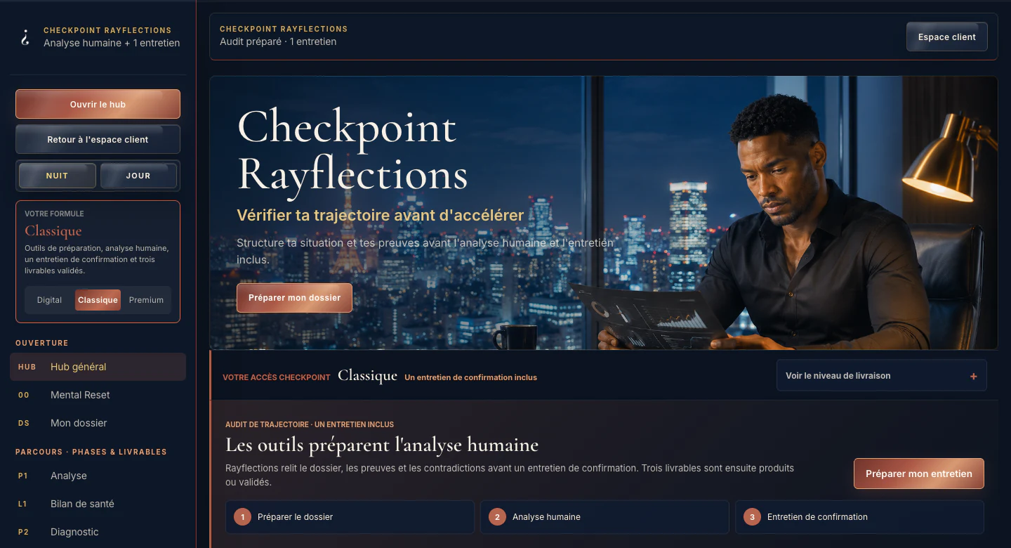 Interface nuit de Checkpoint Classique avec préparation du dossier et entretien