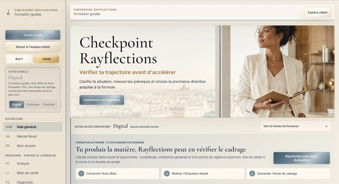 Interface jour de Checkpoint Digital en formation et auto-évaluation guidées