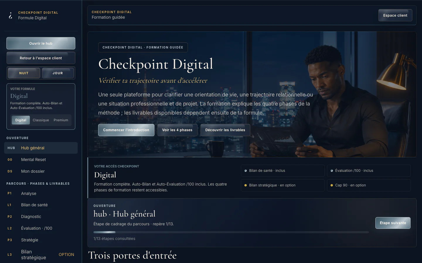 Interface nuit de Checkpoint Digital en formation et auto-évaluation guidées