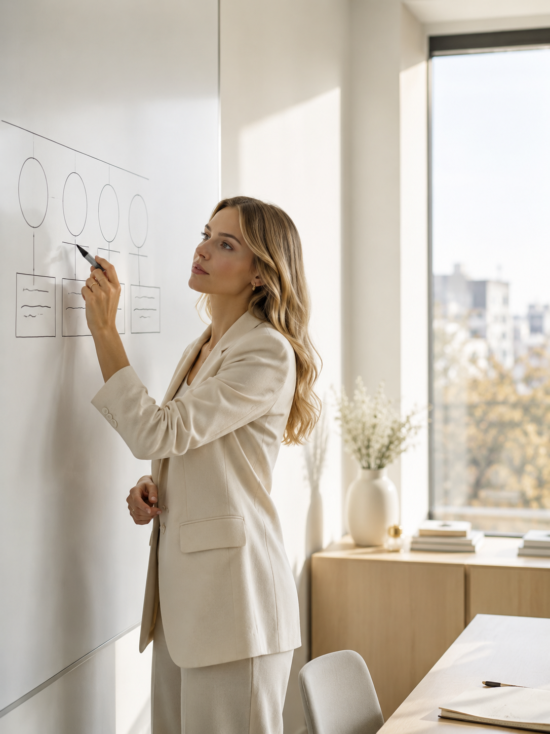 Jeune entrepreneure blonde posant les piliers de son projet sur un tableau blanc avec méthode