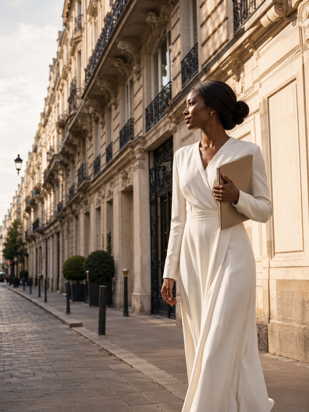 Jeune créatrice noire en démarche assurée dans une rue parisienne au matin doré, trajectoire qui tient