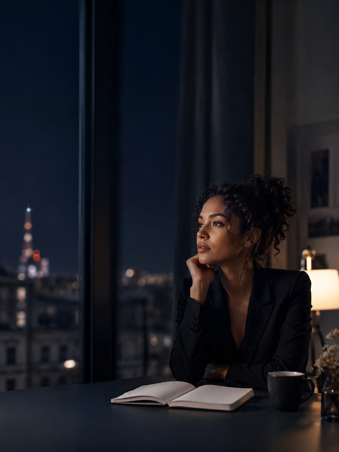 Jeune femme afro-européenne salariée le soir, carnet vierge et regard vers la fenêtre, lecture de départ encore floue