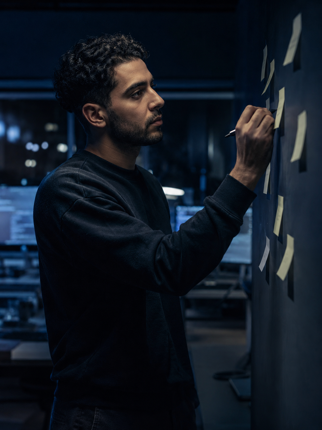 Jeune entrepreneur MENA dans un bureau nocturne, action engagée sans vérification préalable