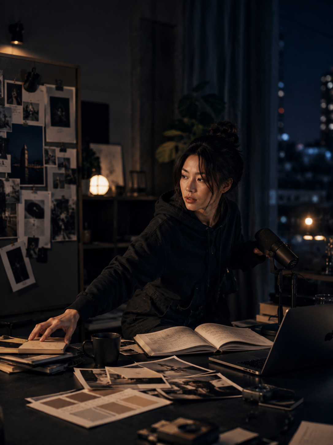 Jeune créatrice asiatique dans un home studio nocturne, énergie dispersée entre plusieurs projets parallèles
