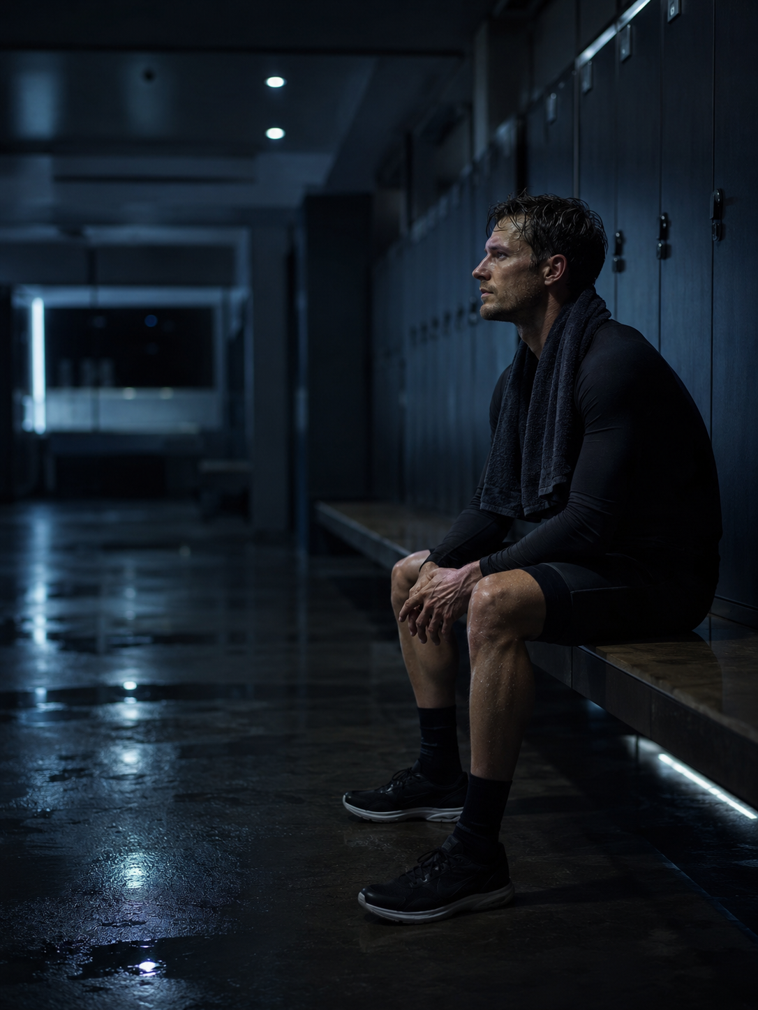 Sportif blanc européen dans un vestiaire vide après effort, déception silencieuse d'un résultat absent