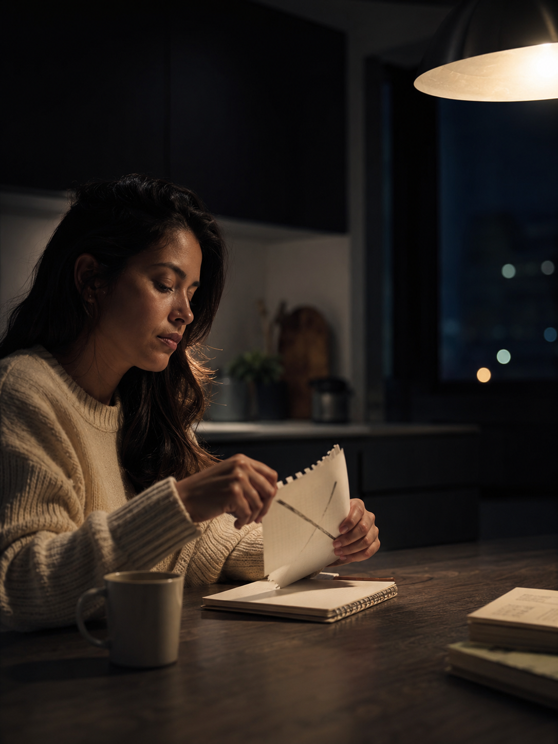 Jeune femme latina recalibrant son plan d'action tardivement à la table de cuisine de nuit