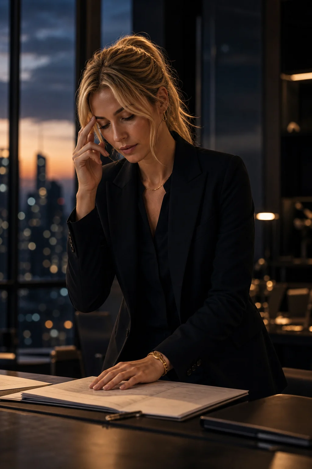 Jeune entrepreneuse blonde sous pression devant ses notes de trajectoire