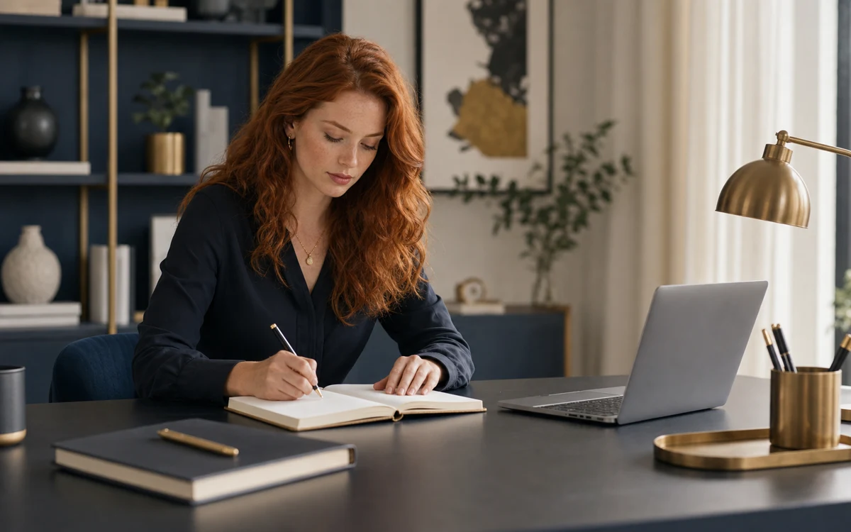 Jeune professionnelle rousse préparant son logbook Rayflections